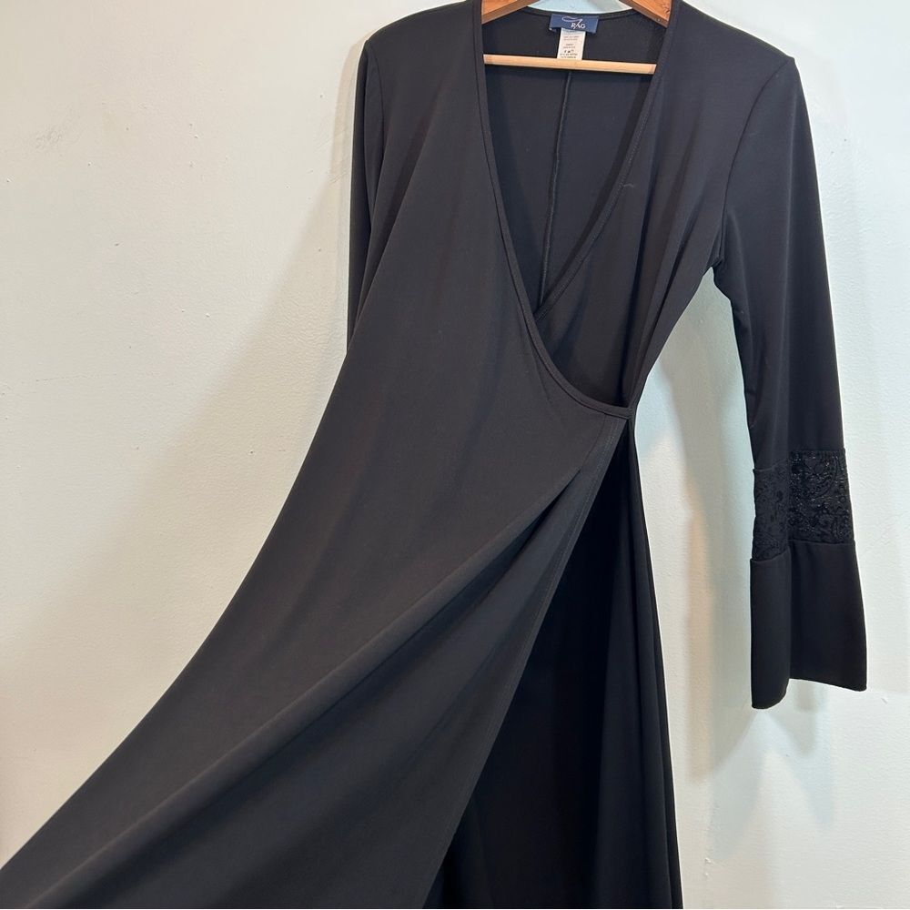 RAG Faux Wrap Midi Black Dress Size L Glitter Bell Sleeve Y2K Holiday Party